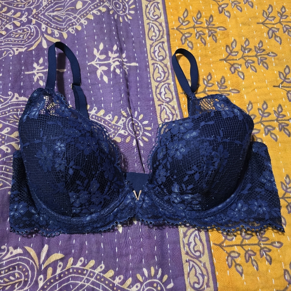 Victoria's Secret Blue Lace Plunge Racer Back Bra Full Coverage